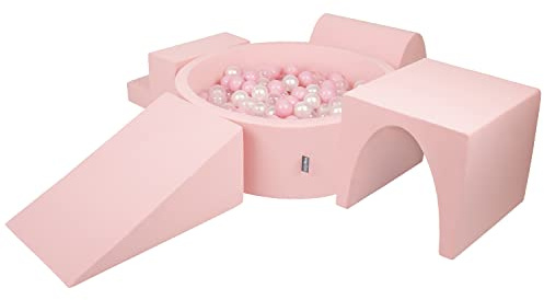 KiddyMoon Spielplatz Aus Schaumstoff Mit Rund Bällebad (300 Bälle) Ballgruben Für Babys Spielbad Hindernisläufen, Hergestellt In Der EU, Pink:Puderrosa/Perle/Transparent