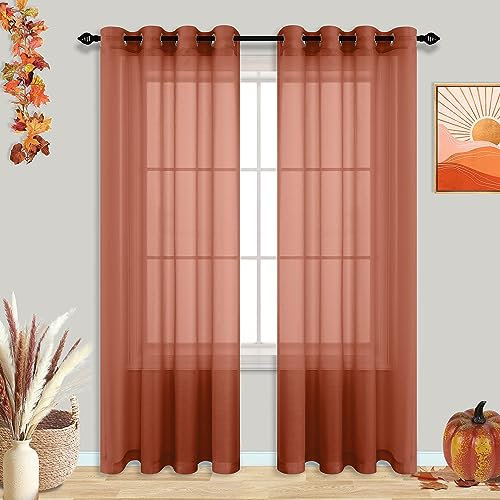 96 Inch Curtains for Living Room Autumn Grommet See Through Bohemian Terracotta Rust Voile Sheer Curtains for Bedroom Patio Sliding Door Floor 8 Ft Long Fall Boho Decor Set 2 Panels Ochre Tangerine