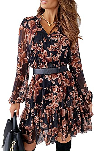 Geagodelia Abito Donna Casual a Maniche Lunghe Vestito Donna Corto Vintage a Fiori con Scollo a V e Vita Alta con Ruches Abito Elegante per Autunno Primavera (Marrone, M)
