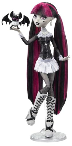 Monster High-Puppe Draculaura in Schwarzweiß, Reel-Drama-Sammlerpuppe, Poster in Puppengröße und Lebensgröße, Horrorfilm-Design, Spielzeug und Geschenke, HKN27