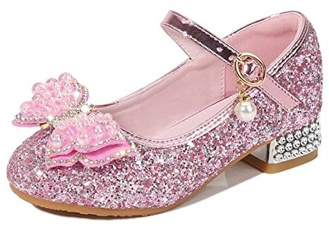 Monissy Scarpe da Principessa Festa Lustrino Compleannoda Danza Latina Bambini Tacco con Paillettes Scarpe Bambina Tacco Cerimonia Carnevale Halloween Festa Scarpe,Rose,28