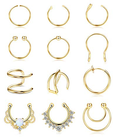 Kakonia 12 Stück 20G Fake Nasenpiercing für Frauen Männer Edelstahl Fake Nose Ring Septum Non Pierced Nasen Septum Ring Knorpel Manschette Nicht Piercing Ohrringe