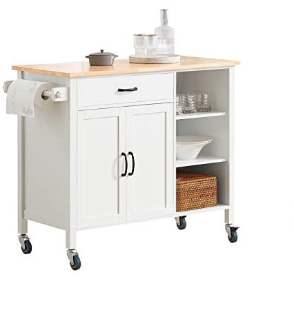 SoBuy FKW103-WN Kücheninsel Design Küchenwagen mit Arbeitsplatte Küchenschrank Rollwagen Sideboard auf Rollen Küchentrolley Weiß-Natur BHT ca.: 108x89x48cm