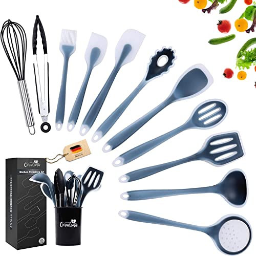 Coradoma Silikon Geschirrset Küche | Küchenutensilien 12-teilig Küchenhelfer Set mit Pfannenwender, Schneebesen, Kochlöffel, Suppenkelle | Kochbesteck Kochgeschirr Haushaltshelfer Küchenzubehör