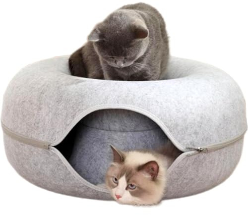 Neumayer TRAUTESHEIM Katzen-Donut aus kratzfestem Filzmaterial - 50cm Durchmesser 20cm hoch- rund - teilbar - Katzentunnel Katzenbett Katzennest in hell-grau