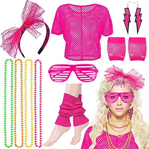 MEISHANG 80er Jahre Damen Netzoberteil-Set - Neon Kostüm mit Netzshirt und Handschuhen - Nena Style
