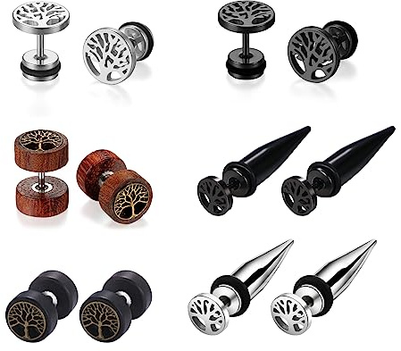 Flongo 6 Paar Lebensbaum Ohrringe Set Fake Tunnel 10mm Tapers 8mm aus chirurgisch Edelstahl Holz spike spitze Fake Plug Kegel punk Ohrstecker Gestüt Piercing für Damen Herren brauen silber schwarz