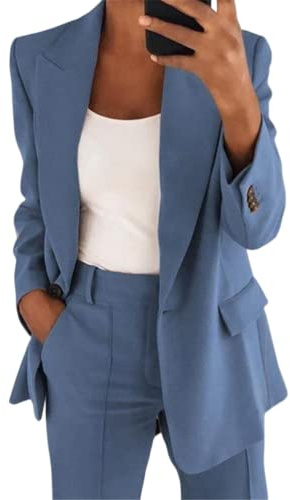shownicer Hosenanzug Damen Elegant Business Anzug Set Revers Büro Blazer Hose 2-teilig Anzug Zweiteiler Slimfit Festlich Sportlich Streetwear A Blau L