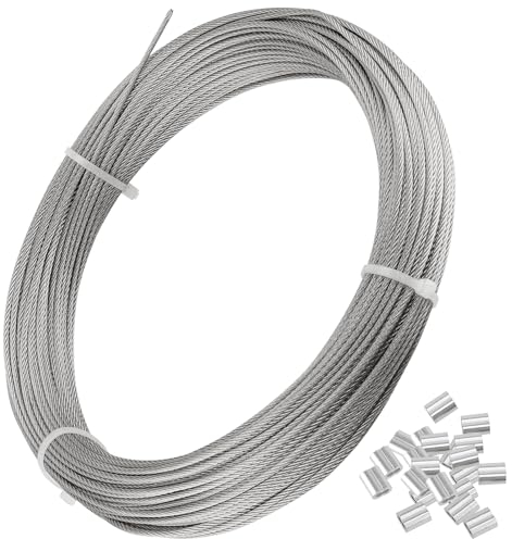 CHEUKYIU 1 cable de alambre de 2 mm, 50 m de largo para avión con 50 piezas de manguito de engarce, cable de alambre de acero inoxidable 316, núcleo de 7 x 7 hilos, para exteriores, jardín,