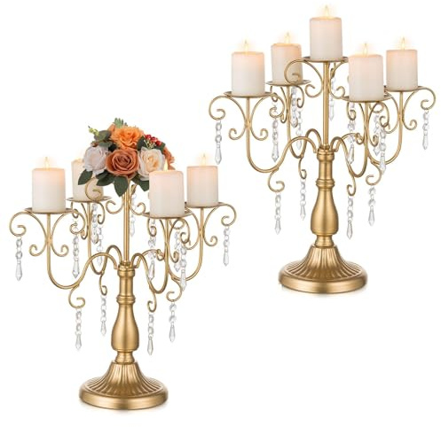 Sziqiqi Gold Candelabra Candle Holder - 5 Arm Pillar Candle Holders with Crystal Beads for Christmas Table Centerpiece Halloween Wedding Candleholders Decoration Set of 2