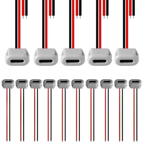 RUNCCI-YUN 15PCS USB C Type-C Female Chassis 2Pin Soldering Jack Waterproof USB C Pigtail Cable Extension Power Cable Micro USB Type C Panel Mount Connector with Card Buckle (white)