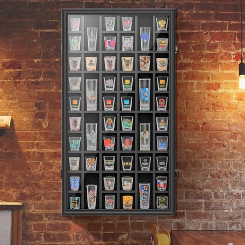 Schnapsglas-Vitrine, 52 Fächer, abschließbar, Wandmontage, Schattenbox mit UV-Schutz, Acryltür für Sammlerstück, Schnapsgläser