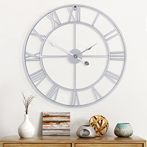 Maxstar Reloj de Pared Grande con números Romanos Modernos Redondos de Metal para Sala de Estar, Cocina, Dormitorio, jardín, fácil de Leer, Relojes de Pared Vintage, Color Plata, 80 cm