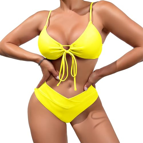 meioro Bikini Set for Women Front Tie Triangle Bathing Suits, Solid V Neck Two Piece Swimsuits High Waisted V Cut Bottom, Adjustable Spaghetti Straps Swimwear Sexy High Cut Swimming Costume (Yellow,L)