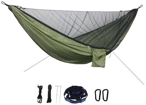 Hängematte mit Moskitonetz,Automatischer,schnell zu öffnender Kordelzug,210T schnell trocknendes Fallschirm-Nylonmaterial,belastbar 250 kg,geeignet für Outdoor-Campingzubehör Einzel- oder Doppelreisen