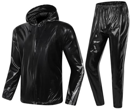 MulYeeh Weight Loss Sweat Suit Anti-Rip Heavy Duty Full-Zip Sauna Suit Fitness Exercise Gym Top Pant with Hood for Men Women, Black, XXXXL
