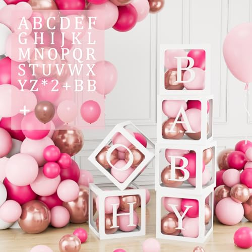 105 Cube Baby Shower Decoration Filles, 6 Boîte à Ballon Transparente Douche Bébé Roses avec 54 Lettres, 45 Ballon Rose et Oro, Boite Baby Shower pour Deco Anniversaire, Gender Reveal, Fête Prénatale