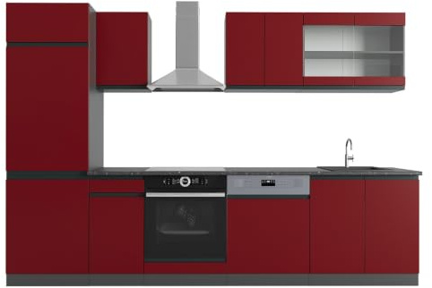 Vicco Küchenzeile R-Line, Rot/Anthrazit, 300 cm J-Shape, AP Anthrazit, geeignet zur individuellen Erweiterung durch Zusatzmodule