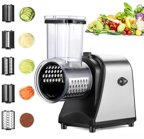 Electric Cheese Grater, 250W Electric Slicer Shredder, One-Touch Control Electric Salad Machine for Cheese, Fruits, Vegetables, Salad Maker with 5 Different Shapes of Blades, 2026 Upgrade