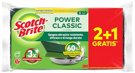 Scotch-Brite Power Classic Spugna Abrasiva Antibatterica 2+1 Gratis - ideale per la pulizia quotidiana di piatti, padelle antiaderenti e superfici in vetro