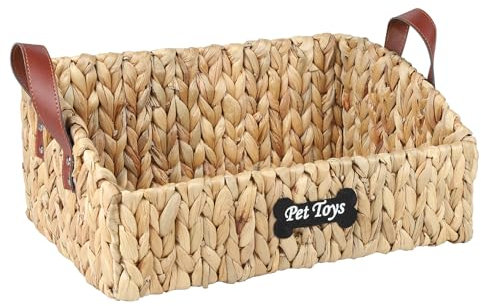 Brabtod Grand panier à jouets trapézoïdal pour chien et chat, panier de rangement en osier pour chien, chat, panier de rangement pour laisse, couverture, jouets, collations, jacinthe d'eau naturelle