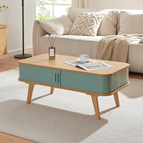 [en.casa] Couchtisch Tysvær Wohnzimmertisch mit 2 Schiebetüren Blau Bambus Sofatisch mit Stauraum 100 x 50 x 40 cm