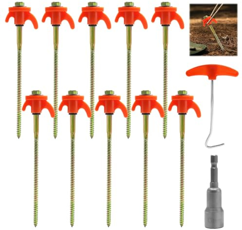 GYSRXS 10 Stück Schraubheringe Camping 21cm Zeltheringe mit Gewinde Zeltheringe zum Schrauben mit Bit und Nagelzieher Zeltschrauben für Harten Boden Wald Gras