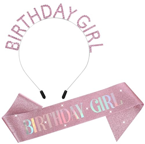 Sibba Geburtstag Tiara Kronen Golden Birthday Happy Schärpe Set Prinzessin | Königin Strass glänzendes Stirnband Geschenke für Erwachsene Frauen Feiern Party Abschlussball Kostüm Outfit (Rosa)