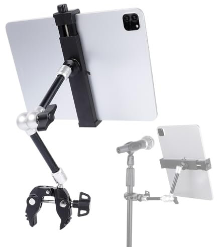 FPN Tablet Holder with Super Clamp&10″ Long Aluminum Alloy Magic Arm for Microphone Stand, Side Mount iPad Mic Music Stand Holder Compatible with iPad Pro 12.9 Air Mini/Nexus/Samsung Galaxy Tab