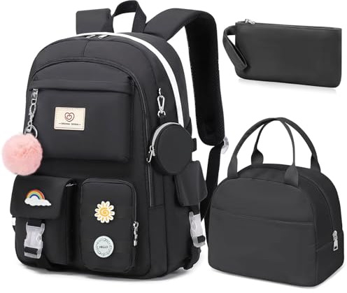 School Backpack For Girls - 6pcs Cute Girls Backpack With Lunch Box Set For Teens Women College Middle High School - 18″ School Bookbag Travel Back Pack