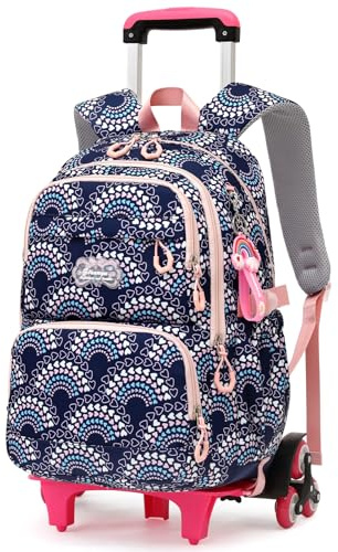 Amythe Mochila Escolar para Niña 9+ años, Mochilas con Ruedas para Adolescentes, Bolso Informal con Carro para Escuela/Viajes para Chicas, Diseño Elegante y Funcional, 6 Ruedas -Azul