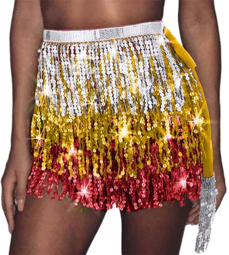 Glitzer Rock Damen Bauchtanz Kostüm Glitzerrock-Karneval Bauchtänzerin Hüfttuch Röcke Mädchen Belly Dance Fasching Fransen Rock Pailletten-Rock Tanzkleid Rocker Outfit Frauen Orientaler Für Party