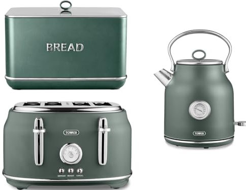 Tower Renaissance Forest Green Kettle, 4 Slice Toaster and Breadbin. Beautiful Matching Kitchen Set in Forest Green with Chrome Accents