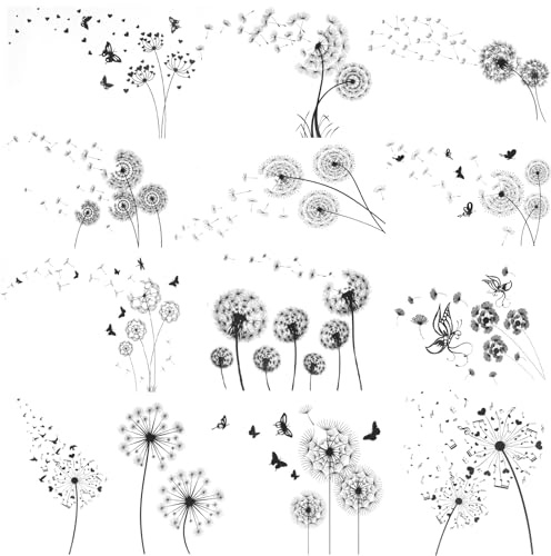 Temporäre Tattoos Erwachsene,13 Blatt Pusteblume Klebetattoos,Wasserdichte | Schwarz Tattoos mit Pusteblume Design, Realistische Pusteblume Klebetattoos für Männer, Frauen, langanhaltend für 3-5 Tage