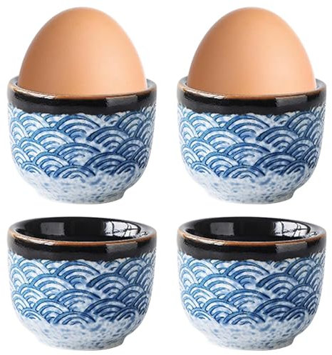 Lot de 4 coquetiers en porcelaine - Pour le camping - Jolis coquetiers - Passent au lave-vaisselle - Pour toutes les tables de petit-déjeuner - Œufs durs et souples (bleu clair)