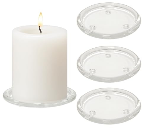 4PCS 4 Inch Clear Glass Candle Plates & Pillar Candle Holders - Small Round Candle Bases/Coasters for Dining & Wedding Table Centerpieces(Candle Not Included)