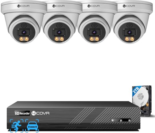 4COVR PoE CCTV Camera Systems 4K Outdoor, 8CH 4K NVR 2TB HDD, ELY97KA8M0804 | 4×8MP Security Dome IP Camera IP67, 2 Way Audio, Smart Color Night Vision, AI Person Vehicle Detection, 24/7 Home Video