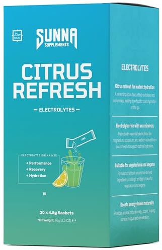 SUNNA SUPPLEMENTS Electrolyte Powder – Citrus Refresh Electrolytes - Sugar-Free Hydration Drink with Vitamin C and Trace Minerals – Lemon Flavoured Drink Mix – 20 Sachets