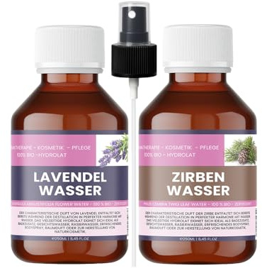 Bio Lavendelhydrolat + Bio Zirbenhydrolat – 2×250 ml – inkl. 1x Zerstäuber - Bio-zertifiziertes Hydrolat-Set – Gesichtstoner & Pflege – alkoholfrei – Nakobe