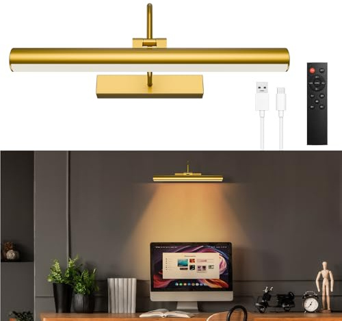 IRAXZOA 13'' Picture Light for Wall, 5200 mAh Battery Operated Picture Light with Remote & Timer for Wall Art - 3 CCT Dimmable LED, Brass Finish