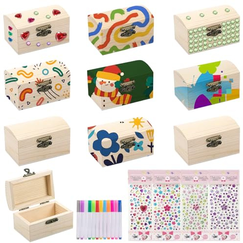 Miniskattkista, DIY liten trälåda med lock, små skattlådor i trä, skattkista för barns födelsedag, med diamantklistermärke, för kreativa aktiviteter, dekoration