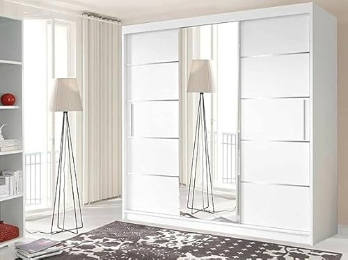 Oslo Sliding Door Wardrobe White Modern Bedroom Wardrobe with 2 or 3 Sliding Doors Mirror Panels, Rails & Shelves (White, 250cm)