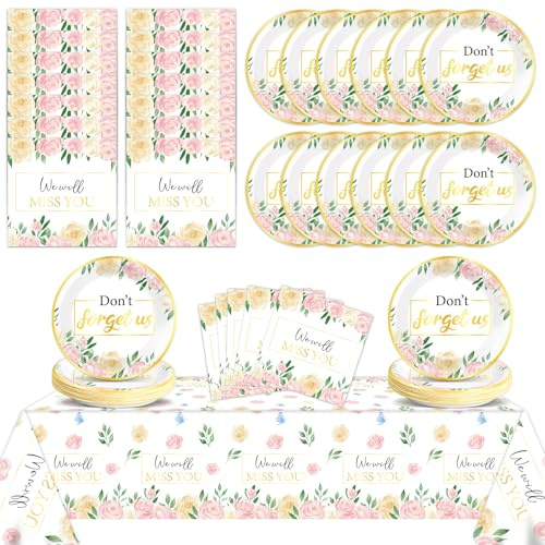 Floral Farewell Party Supplies Serves 24 We Will Miss You Paper Plates Napkins Retirement Decor Don't Forget Us Theme Tablecloth Set Tableware Kit for Goodbye Office Good Luck Going Away Party Favor