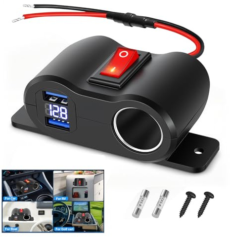 36W 12v QC3.0 Dual USB Accendino Presa di Alimentazione Caricatore da Auto,Presa accendisigari 120W con Voltmetro blu e Interruttore,per Barca, Auto, motocicletta (USB)
