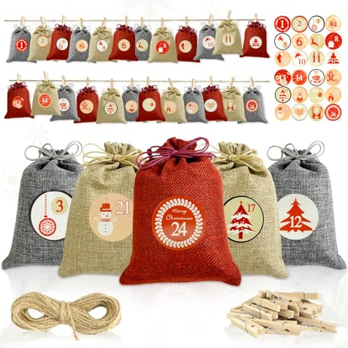 LUMIN TUTU Adventskalender zum Befüllen, 24 Jutesäckchen Adventskalender mit Zahlenstickern, Weihnachtskalender Selber Befüllen Kinder, DIY Weihnachtskalender 2025 (10x14 cm)