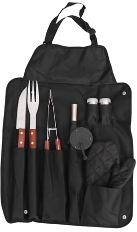 FONDOTIN Set Barbecue INOX avec Tablier et Moufles Outils Multifonctions pour Grillades Extérieures Manche Bois Antidérapant Rangement Organisé pour Cuisine Plein Air
