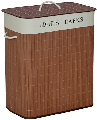 HOMCOM Panier à linge 100L avec 2 bacs bambou pliable couvercle poignée avec Sac amovible et lavable marron