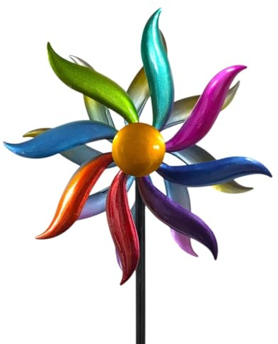 Kremers Schatzkiste Windrad Garten Metall bunt kugelgelagert Windspiel Ø 24 cm / 110 cm mit Erdspieß | Wetterfeste Gartendeko für Beet, Rasen & Terrasse | Vogelabwehr