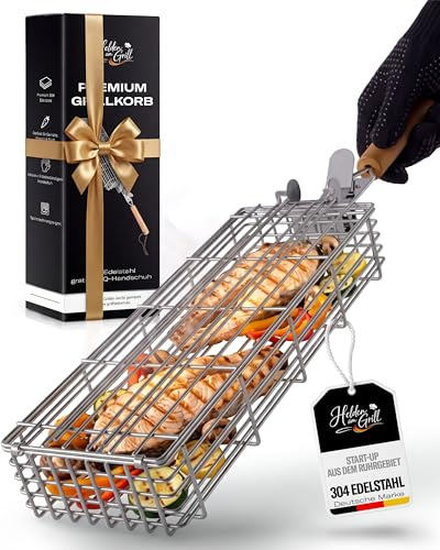 Grillkorb Edelstahl Set mit BBQ-Handschuh für Gemüse & Fisch | Grillzubehör für Gas-, Kohle- & Kugelgrill – ideal für Gemüse, Fisch & Fleisch – Geschenk für Grillfans