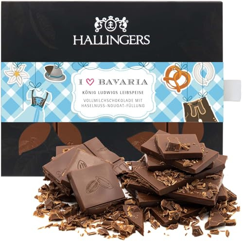 Hallingers Genuss Manufaktur Schokolade Geschenk - Tafel handgeschöpften Edelkakaos ohne Alkohol edler Karton I love Bavaria Haselnuss, Geschenkidee für Frauen Männer